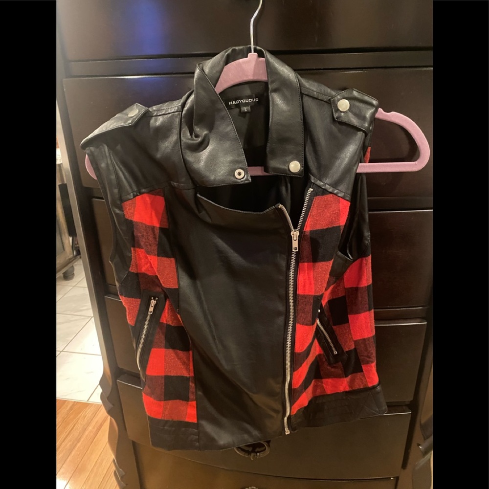Black and red vest with faux leather
